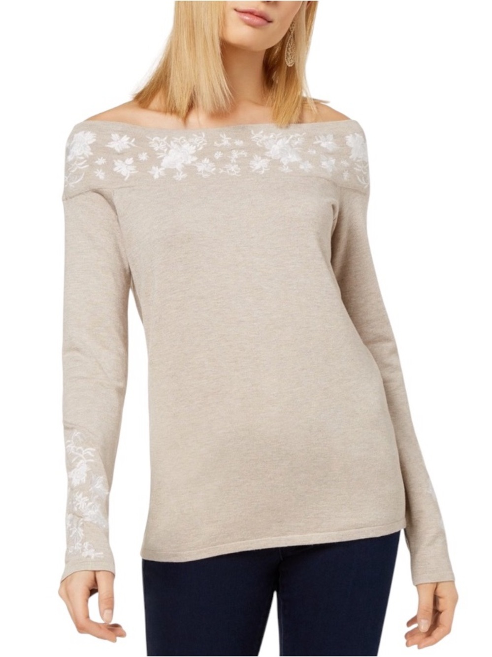 INC International Concepts Off Shoulder Embroidered Top Beige Floral Knit Medium